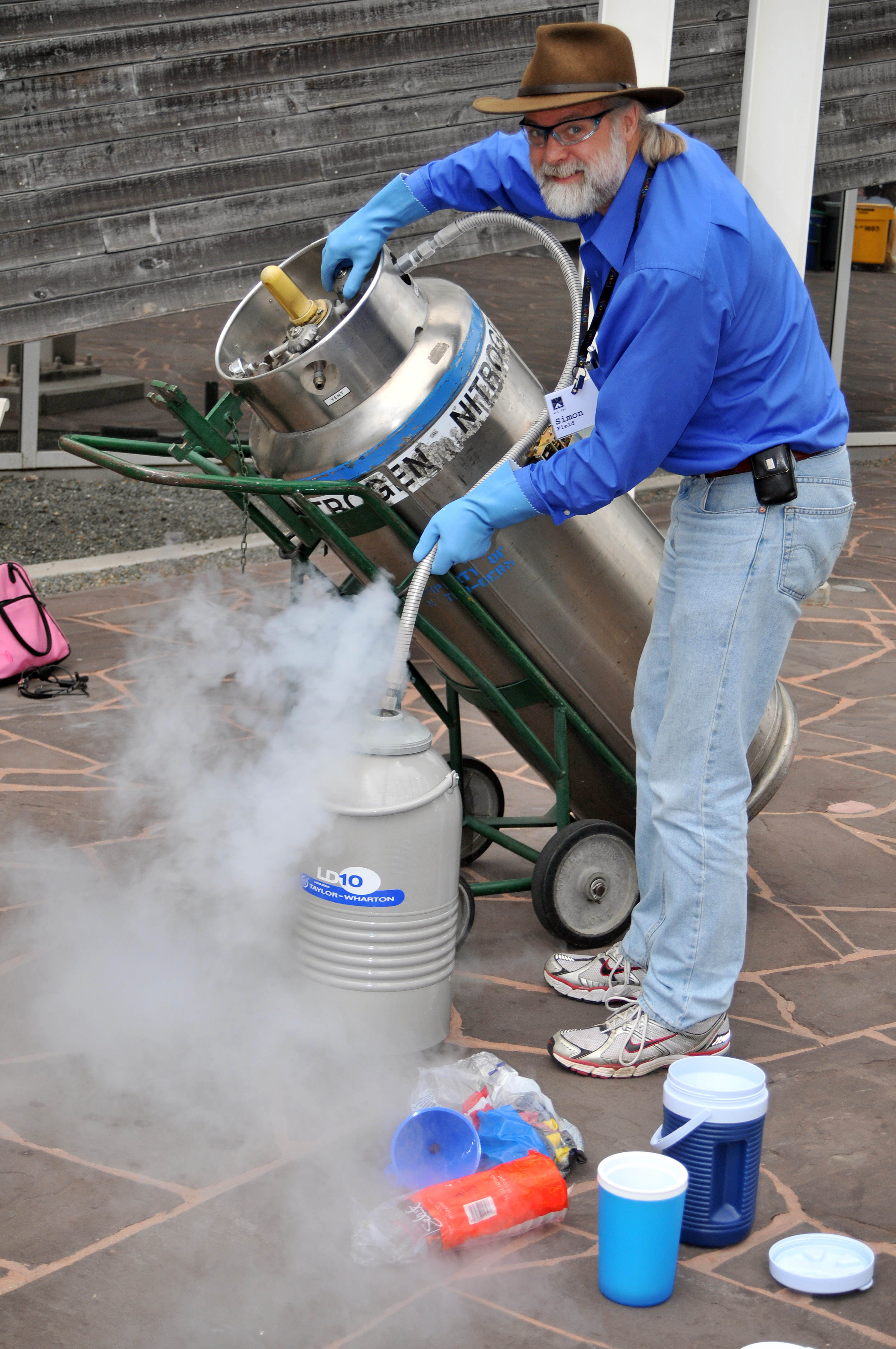 Simon decanting liquid nitrogen at SciFoo09 Photo by John Gilbey